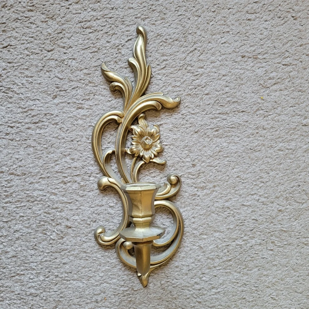 Vintage Set Syroco Dart Gold Hollywood Regency Wall Sconces and Shelf #3025#3933